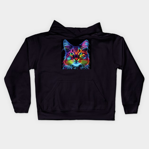 Cat in Neon Pinks, Blues and Yellows Kids Hoodie by Geminiartstudio